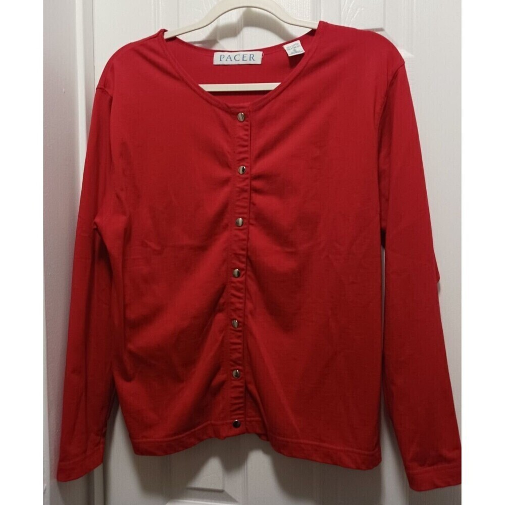 Pacer Cotton Top Long Sleeve Button Front Round Neck Red Size‎ S